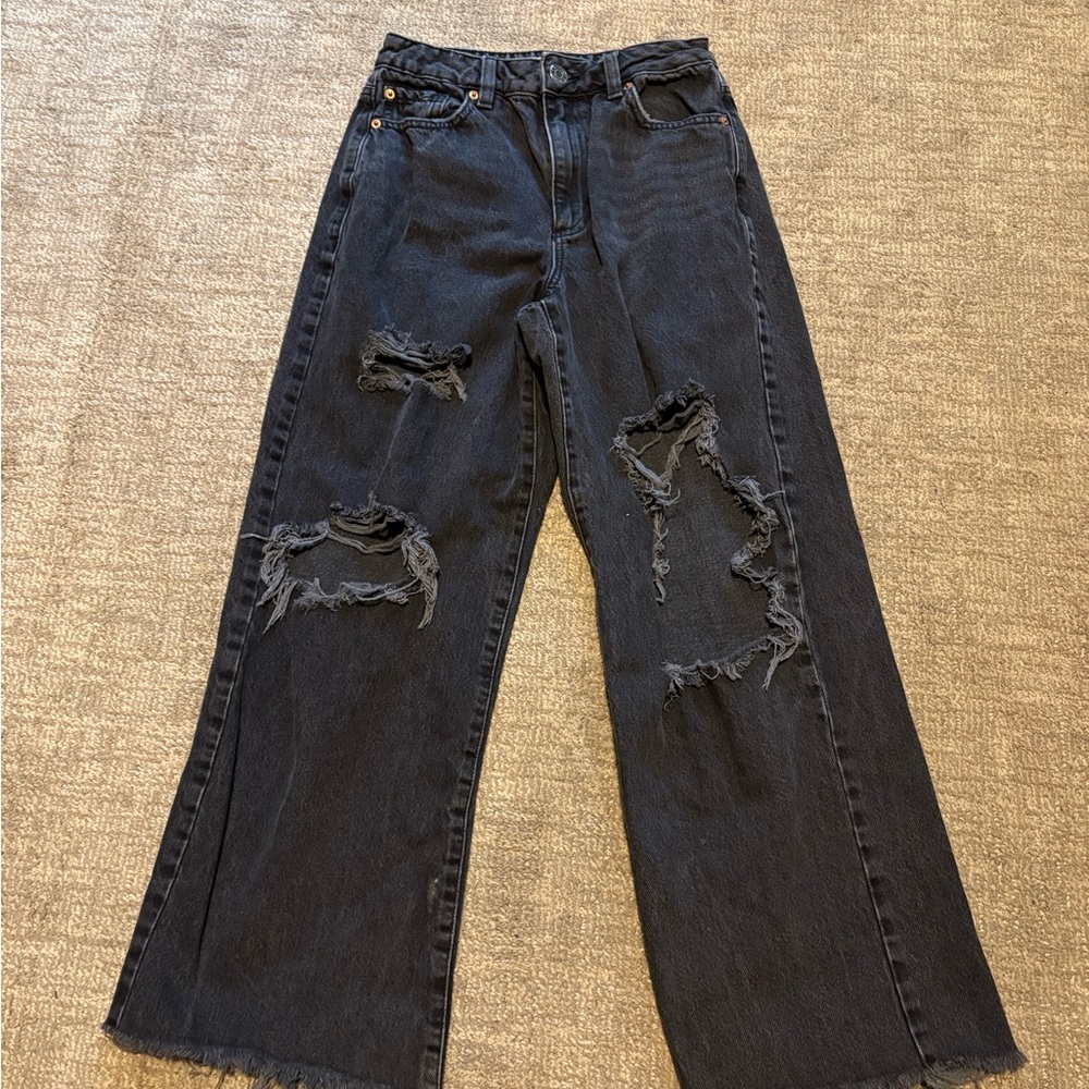 Garage Black Flare Wide Leg Jeans with Distressed Details